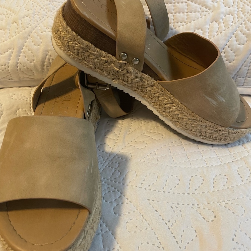 Tan platform sandals with ankle strap. Fits true to size.